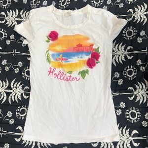 Hollister White Tee with Beach and Floral Design